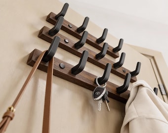 Wooden Wall Hook Rack with Matte Black Metal Hooks, Modern Entryway Coat & Key Holder