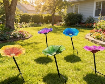 Metal Flower Bird Bath with Stake, Colorful Garden Bird Feeder Bowl for Yard Decor