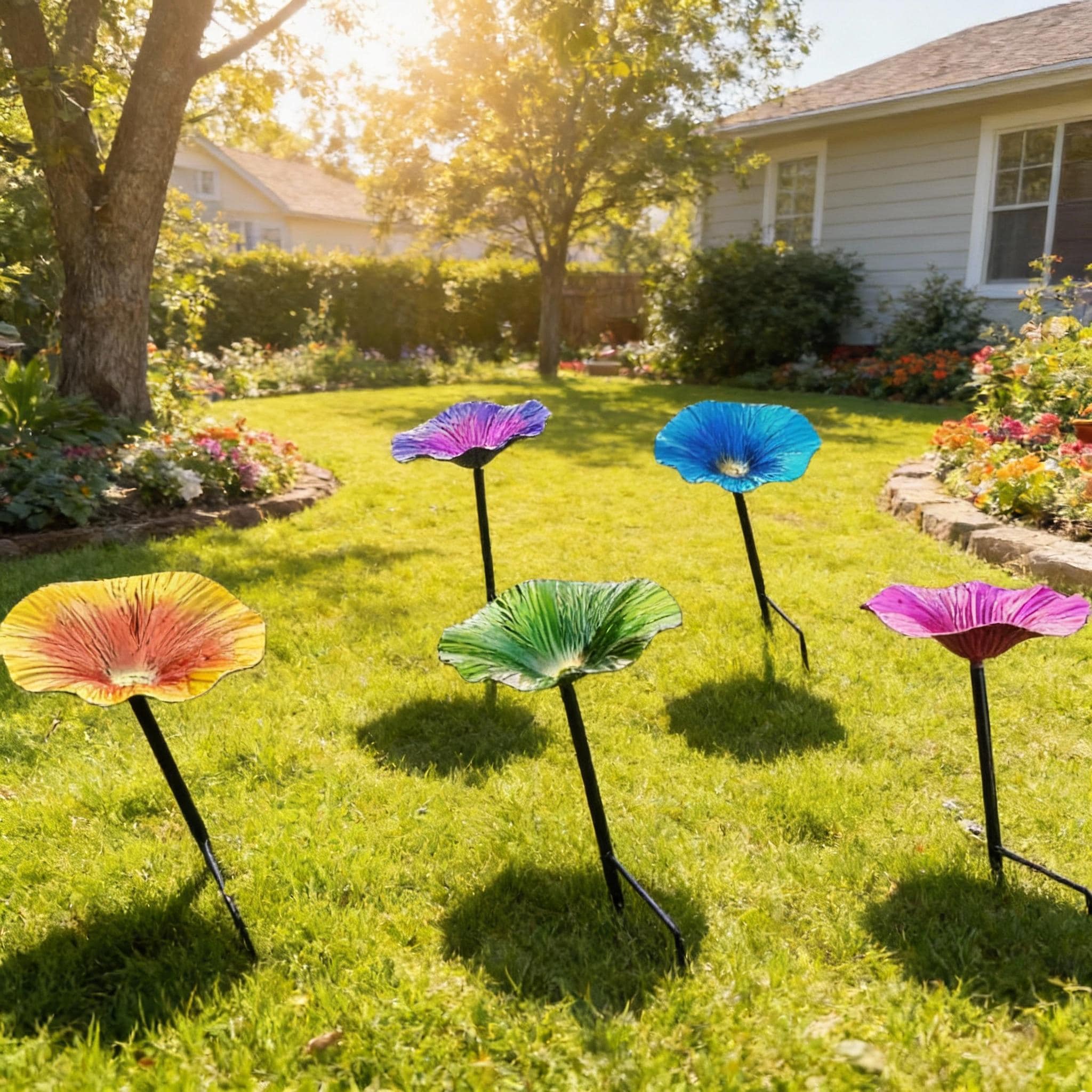 Metal Flower Bird Bath With Stake, Colorful Garden Bird Feeder
