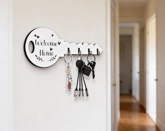 Welcome Home Key Holder – Wooden Wall Key Rack with 4 Hooks