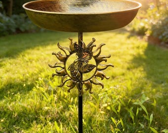 Metal Bird Bath Feeder, Freestanding Garden Bowl, Decorative Sun Yard Stake