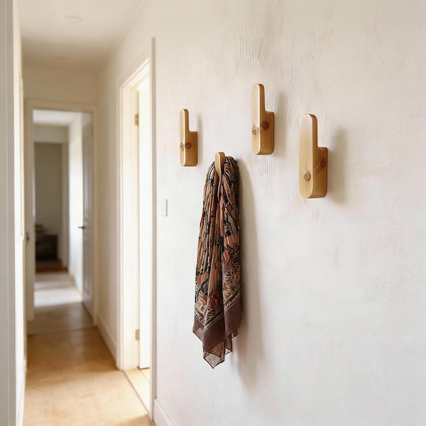Wooden Wall Hooks Set of 4, Solid Wood Coat Hooks, Modern Home Decor