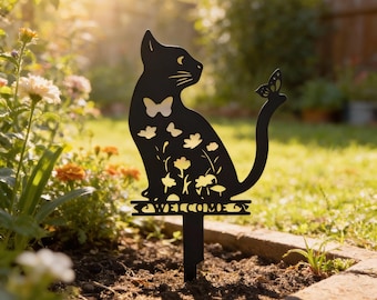 Metal Cat Garden Stake, Rustic Outdoor Cat Silhouette Yard Decor