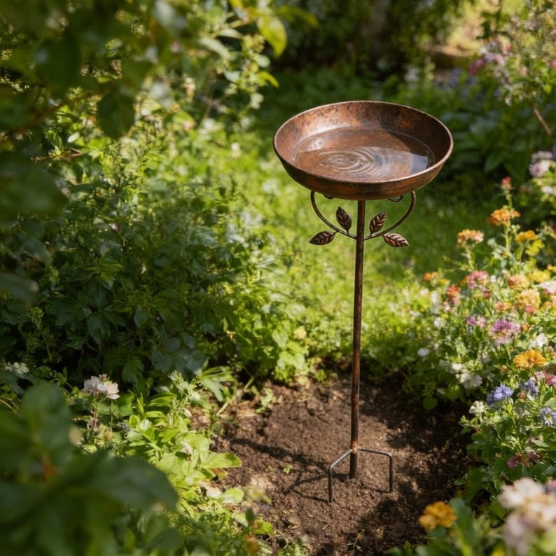 May include: A weathered bronze bird bath with a shallow bowl filled with water. The bird bath is supported by a slender, decorative stem with leaf accents and a three-pronged base, set in a garden with lush greenery and colorful flowers.