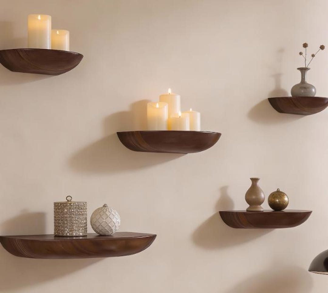 Solid Wood Semi Circle Floating Shelf | Minimalist Wall Shelf for Entryway Bedroom Bathroom | Modern Wooden Display Shelf Decor - All Three