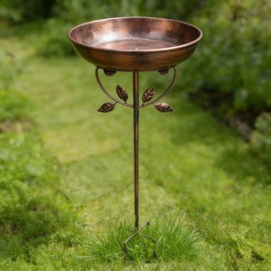 May include: A bronze-colored bird bath with a shallow bowl and a decorative leaf design. The bird bath is supported by a slender, metal pole and stands in a grassy area. The bowl is approximately 12 inches in diameter.