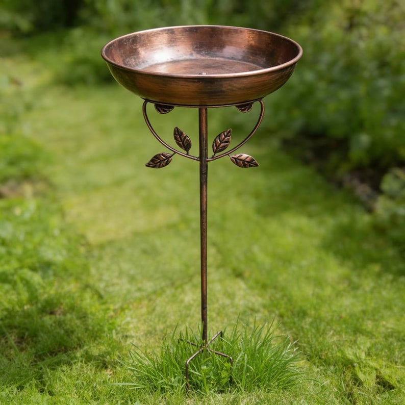 May include: A bronze-colored bird bath with a shallow bowl and a decorative leaf design. The bird bath is supported by a slender, metal pole and stands in a grassy area. The bowl is approximately 12 inches in diameter.