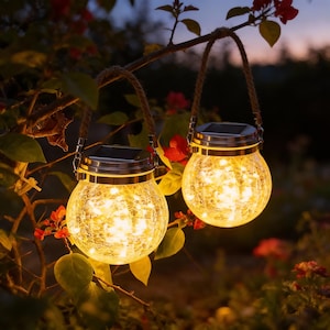 Könnte beinhalten: Zwei solarbetriebene Glaslaternen, die an einem Ast hängen. Die Laternen haben ein gesprungenes Glasdesign und sind mit warmweißen LED-Leuchten gefüllt. Jede Laterne hat einen Metallrand und einen Seilgriff. Der Hintergrund zeigt rote Blumen und grüne Blätter.