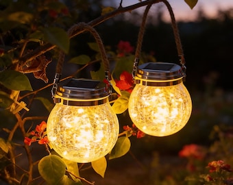Solar Crackle Glass Jar Light, Warm LED Garden Lantern for Patio, Pathway or Table Decor