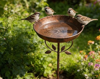 Comedero para pájaros de metal con estaca para jardín: comedero y bebedero vintage para pájaros.