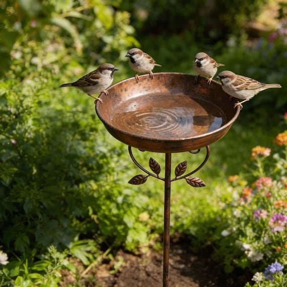 Metal Garden Bird Bath on Stake – Vintage Style Outdoor Bird Feeder & Bird Water Bowl