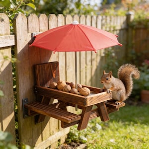 May include: A wooden squirrel picnic table with a red parasol attached to a wooden fence. The table is laden with walnuts, and a squirrel is perched on the table. The table is designed for outdoor use.