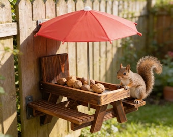 Wooden Squirrel Feeder Picnic Table with Umbrella, Hanging Outdoor Squirrel & Bird Feeding Station