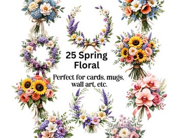 Spring Flowers Clipart, Floral Wreath, Flower Bouquets, Gift for her,Garden Gift for Flower Lovers