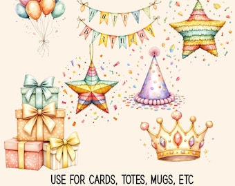Watercolor Birthday Party Clipart, Cute Party Balloons Cake Gifts PNG, Pastel Celebration Digital Download for Invitations