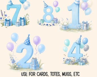 Watercolor Numbers Clipart for Birthday Party, Pastel Number PNG Set, Kids Party Decorations, Printable Digital Download