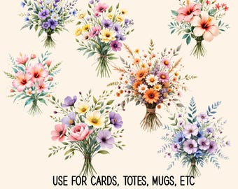 Watercolor Wildflowers Clipart PNG, Yellow Floral Bouquet Illustration, Botanical Spring Flowers, Printable Sublimation Design