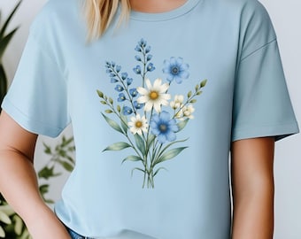 Blue Daisy Wildflower Bouquet Clipart PNG, Botanical Floral Arrangement, Cottagecore Flower Art Digital Download