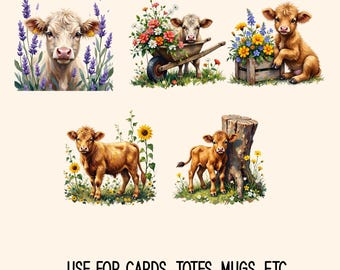 Highland Cow Clipart PNG, Cute Baby Cow with Flowers, Farm Animal Illustration, Nursery Wall Art, Printable Sublimation Design