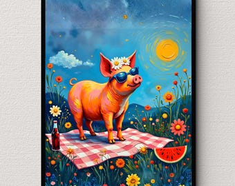 Whimsical Pig Wall Art Print, Cute Pig Picnic Artwork, Colorful Farm Animal Illustration, Playful Digital Download Decor