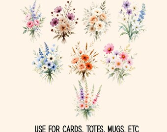 Watercolor Flower Clipart PNG, Floral Botanical Clip Art, Wedding Invitation Flowers, Sublimation Graphics, Commercial Use