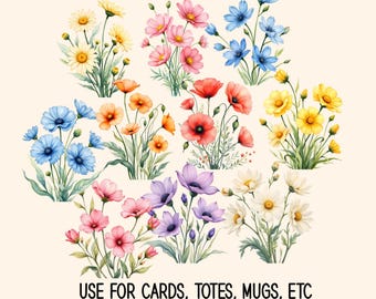 Watercolor Wildflowers Clipart PNG, Yellow Floral Bouquet Illustration, Botanical Spring Flowers, Printable Sublimation Design