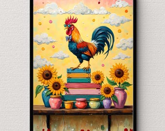 Whimsical Rooster Wall Art Print, Colorful Chicken Artwork with Sunflowers, Farm Animal Illustration, Digital Download Decor