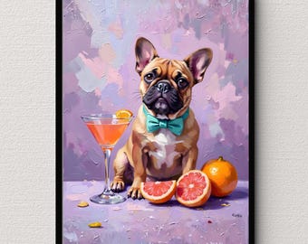 Whimsical Dog Wall Art Print, Lemon Cocktail Dog Artwork, Colorful Animal Painting, Playful Pet Digital Download Decor