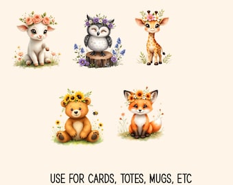 Watercolor Baby Animal Clipart PNG, Cute Farm Animal with Flower Crown, Nursery Animal Illustration, Printable Sublimation Art