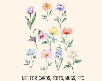 Watercolor Flower Clipart PNG, Floral Botanical Clip Art, Wedding Invitation Flowers, Sublimation Graphics, Commercial Use