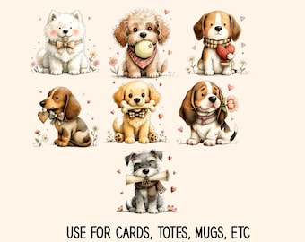 Whimsical Dog Clipart PNG, Cute Puppy Holding Heart, Nursery Animal Illustration, Valentine Dog Art, Printable Sublimation