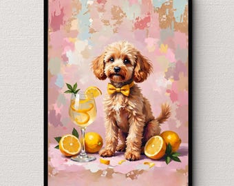 Whimsical Dog Wall Art Print, Lemon Cocktail Dog Artwork, Colorful Animal Painting, Playful Pet Digital Download Decor