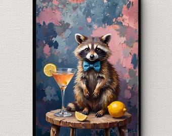 Whimsical Raccoon Wall Art Print, Cute Raccoon Cocktail Artwork, Colorful Animal Illustration, Playful Digital Download Decor