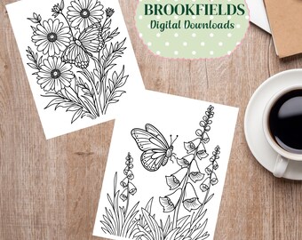 27 Flower Coloring Pages, Butterfly Printable PDF for Adults and Kids, Instant Digital Download, Stress Relief Art, Fun DIY Activity Sheets