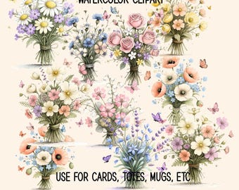 Whimsical Flowers Clipart, Pastel Wildflower Bouquet with Butterflies, Floral Watercolor PNG, Spring Garden Digital Download