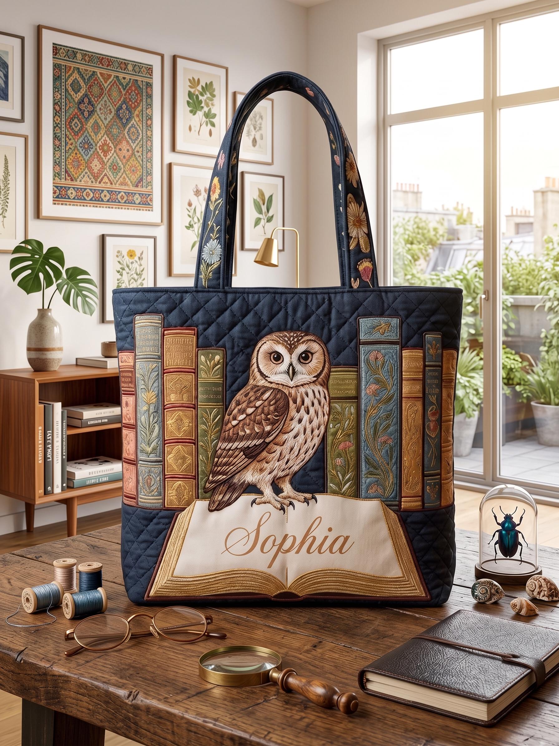 Personalized Owl Bookish Quilted Tote Bag, Custom Name Library Tote, Book Lover Gift, Dark Academia 
