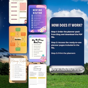 May include: A digital planner pack featuring multiple colorful routine templates with text including Bedtime Routine, Morning Routine, and How Does It Work? with instructions to order, download, and print the PDF files for daily organization.