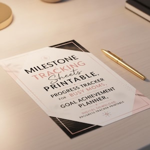 Könnte beinhalten: Ein rechteckiges, ausdruckbares Meilenstein-Tracking-Blatt mit schwarzem und rosa Text, der lautet: MILESTONE TRACKING Sheets PRINTABLE, PROGRESS TRACKER FOR BUSY MOMS, GOAL ACHIEVEMENT PLANNER, DIGITAL DOWNLOAD, PROGRESS TRACKER PRINTABLE.