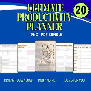 Puede incluir: Un paquete de planificadores digitales sobre un fondo azul con el texto Ultimate Productivity Planner PNG - PDF Bundle y una insignia de 20 páginas. Muestra cinco diseños de páginas, incluyendo plantillas diarias y semanales con marca 2026.