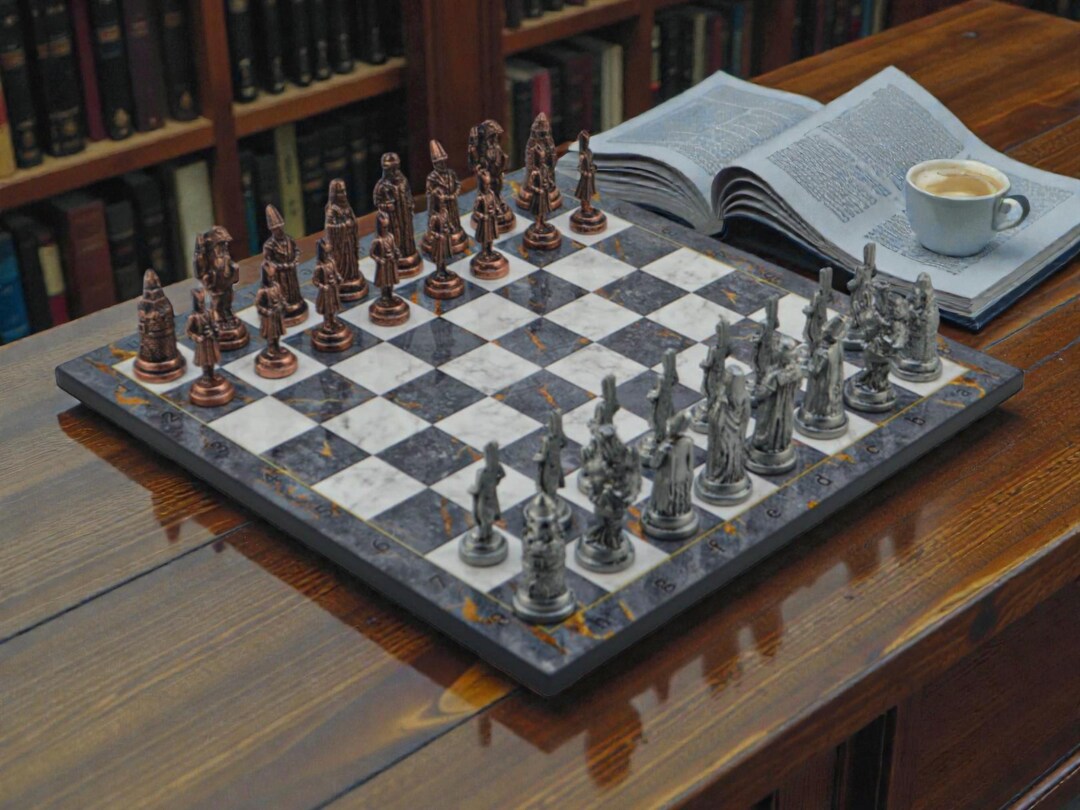 Metal Chess Set - Ottoman Style, Gray Marble Board, Large Decorative ...