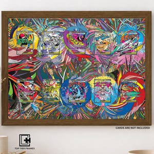 May include: A rectangular wooden frame containing a vibrant, multi-colored abstract background with ten circular cutouts designed to hold trading cards. The frame features a dark brown finish and includes the text CARDS ARE NOT INCLUDED.