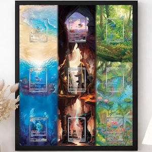 May include: A black rectangular frame containing a vertical triptych display with nine slots for trading cards. The artwork features three distinct vertical panels depicting a beach, a volcanic cavern, and a lush forest scene with water.