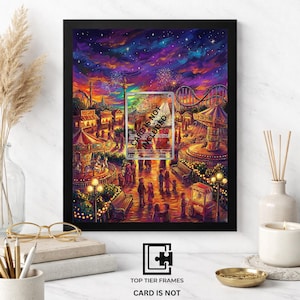 May include: A black 8x10 frame containing a colorful art print of a nighttime carnival scene with a carousel, roller coaster, and fireworks. The center of the print features a rectangular placeholder with the text CARD IS NOT INCLUDED.