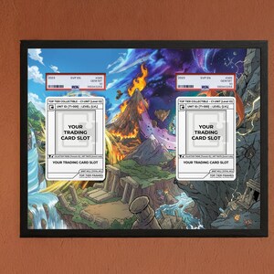May include: Framed artwork featuring a fantasy landscape with a volcano, waterfalls, and mountains. Two white card slots are labeled "YOUR TRADING CARD SLOT". The artwork is in a black frame.