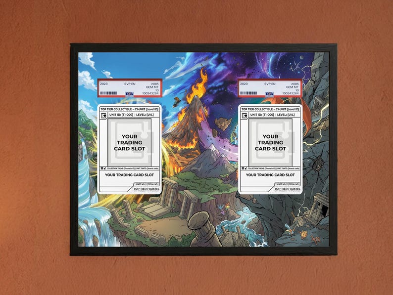 May include: Framed artwork featuring a fantasy landscape with a volcano, waterfalls, and mountains. Two white card slots are labeled "YOUR TRADING CARD SLOT". The artwork is in a black frame.
