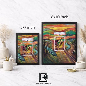 May include: Two black rectangular frames containing a colorful landscape print with a central card-like insert. The frames are labeled 5x7 inch and 8x10 inch. The print features a swirling, vibrant sky and a wooden path. Text states CARD IS NOT INCLUDED.