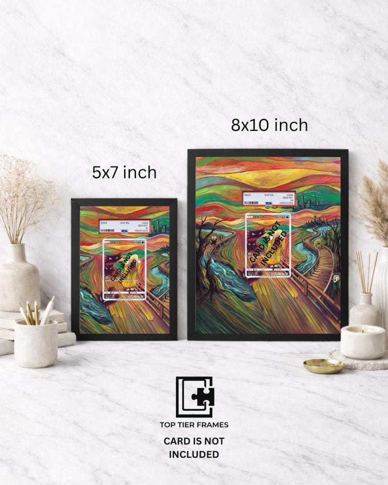 May include: Two black rectangular frames containing a colorful landscape print with a central card-like insert. The frames are labeled 5x7 inch and 8x10 inch. The print features a swirling, vibrant sky and a wooden path. Text states CARD IS NOT INCLUDED.