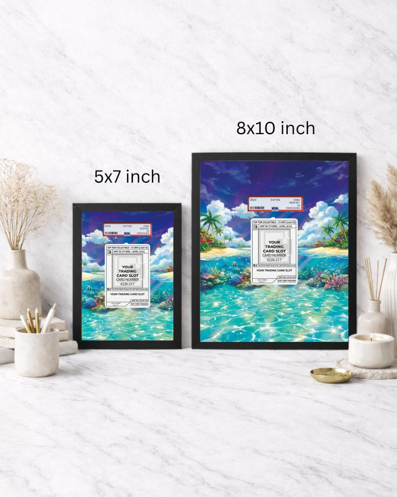 May include: Two framed art prints, one 5x7 inches and the other 8x10 inches, feature a tropical ocean scene with palm trees, blue skies, and turquoise water. Each print includes a trading card slot label with the number 4226-217.