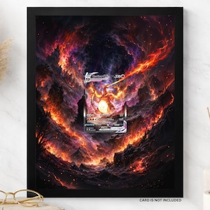 May include: A black 8x10 frame containing a vibrant, fiery digital art print of a Charizard VMAX creature surrounded by swirling flames and dark, jagged mountains. The text 8X10 FRAME and CARD IS NOT INCLUDED appear on the white background.