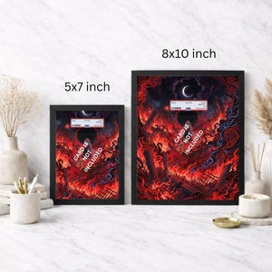 May include: Two framed art prints, one 5x7 inches and the other 8x10 inches, feature a fiery, apocalyptic scene with a crescent moon. The text "CARD IS NOT INCLUDED" is visible on both. The frames are black.